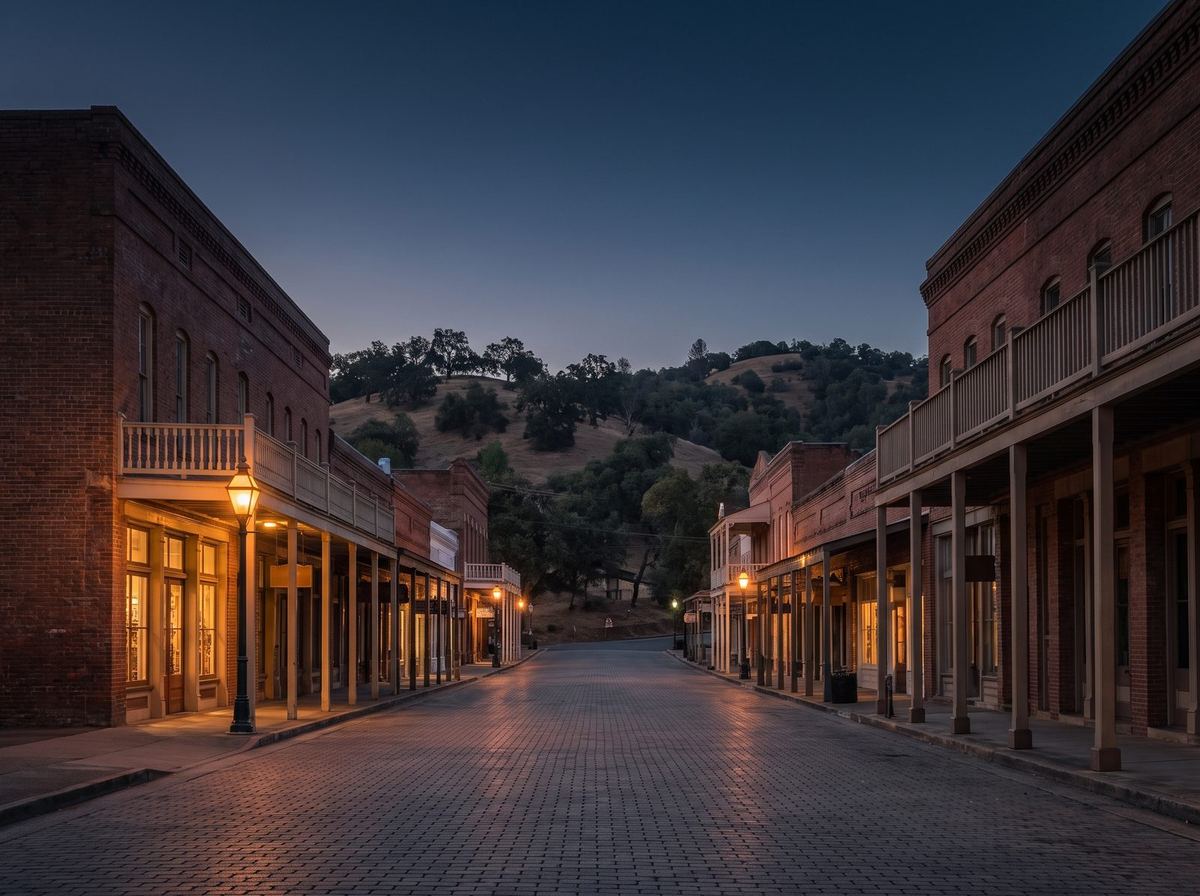Historic gold-country main street in Amador County glowing with warm lamplight at dusk