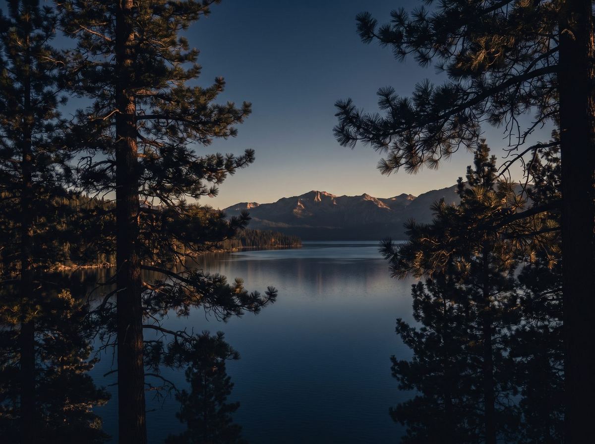 Lake Tahoe at dusk framed by ponderosa pines in El Dorado County