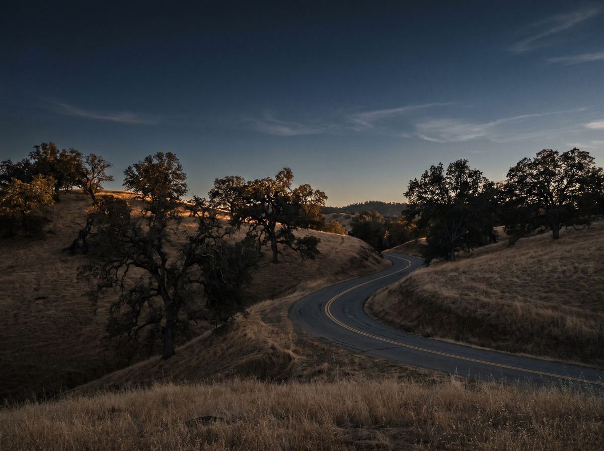 Oak-covered Sierra foothills of Placer County at dusk with a quiet winding country road