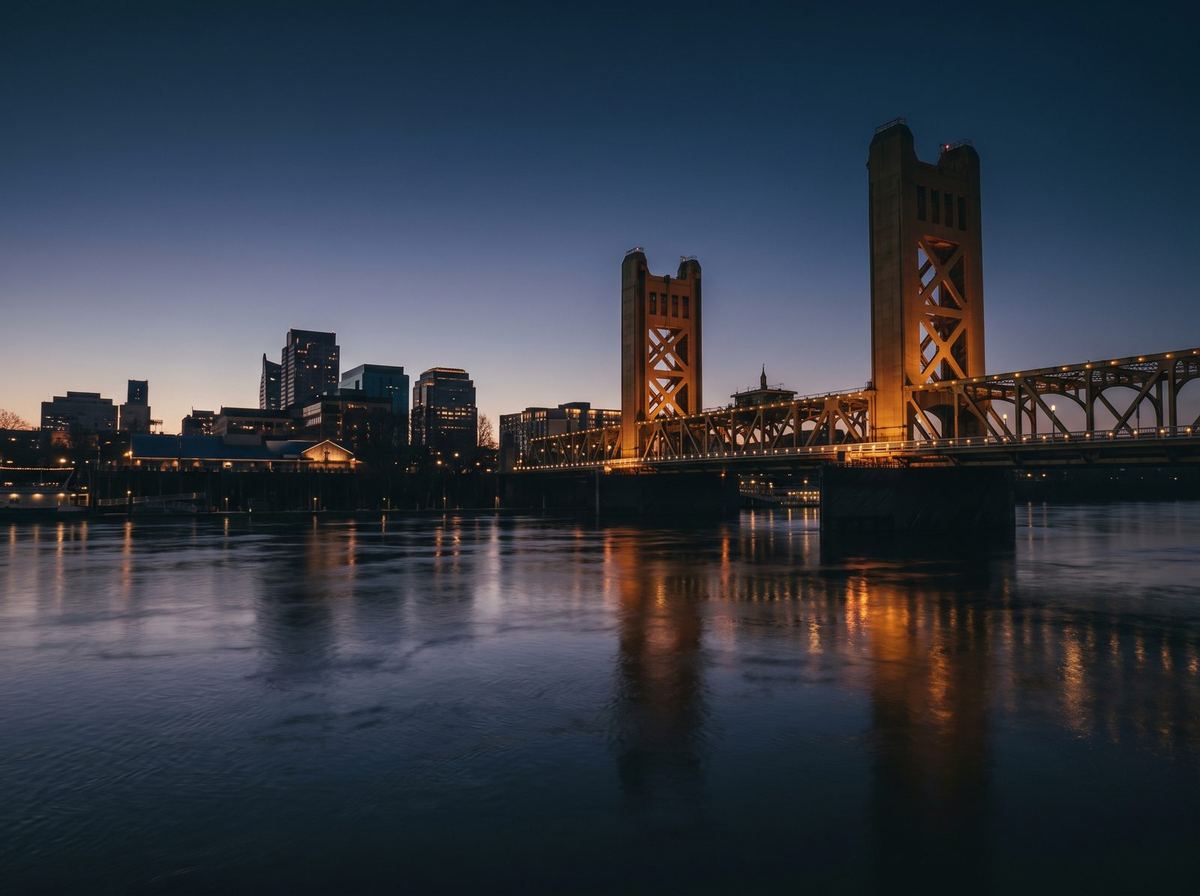 Tower Bridge over the Sacramento River at dusk, with the Sacramento skyline lit in warm gold
